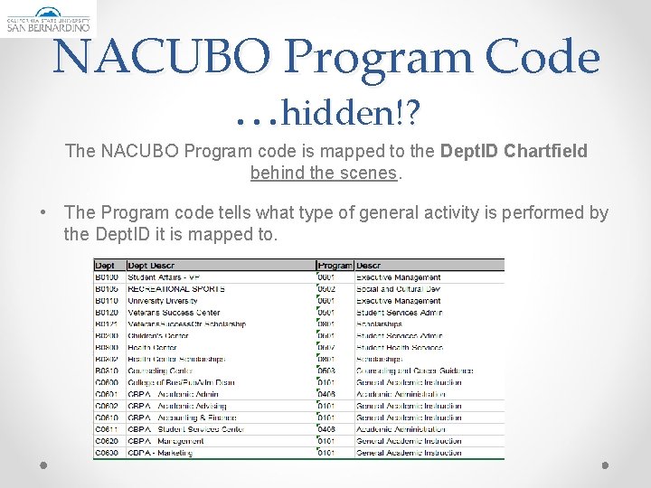 NACUBO Program Code …hidden!? The NACUBO Program code is mapped to the Dept. ID