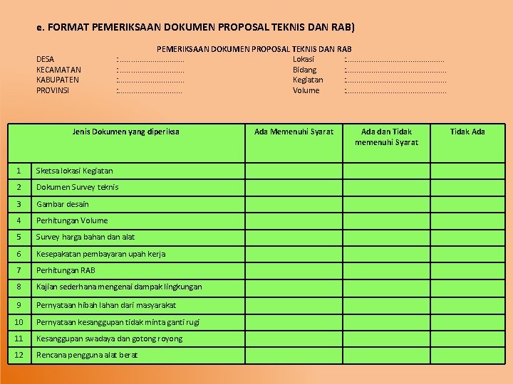 e. FORMAT PEMERIKSAAN DOKUMEN PROPOSAL TEKNIS DAN RAB) DESA KECAMATAN KABUPATEN PROVINSI PEMERIKSAAN DOKUMEN