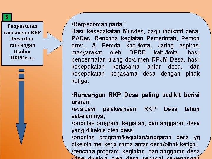 5 Penyusunan rancangan RKP Desa dan rancangan Usulan RKPDesa. • Berpedoman pada : Hasil