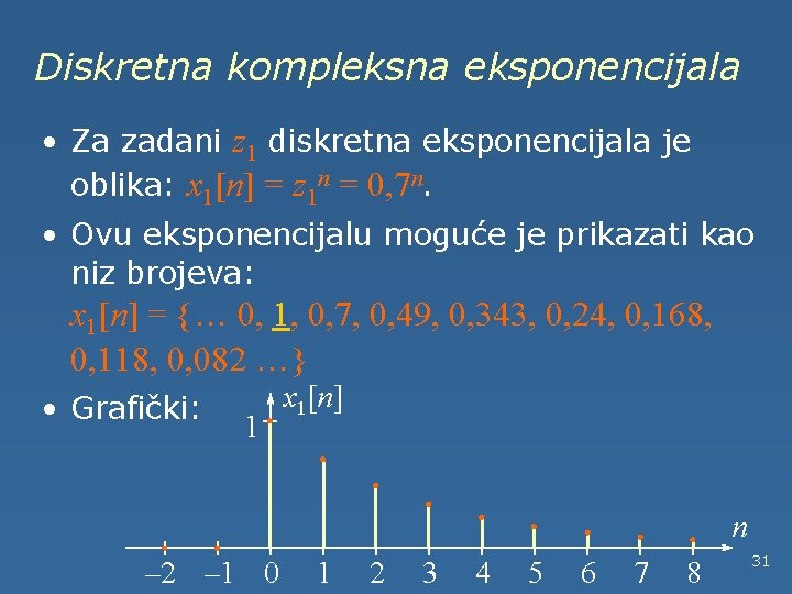 Diskretna kompleksna eksponencijala • Za zadani z 1 diskretna eksponencijala je oblika: x 1[n]