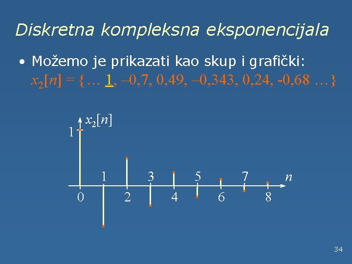 Diskretna kompleksna eksponencijala • Možemo je prikazati kao skup i grafički: x 2[n] =