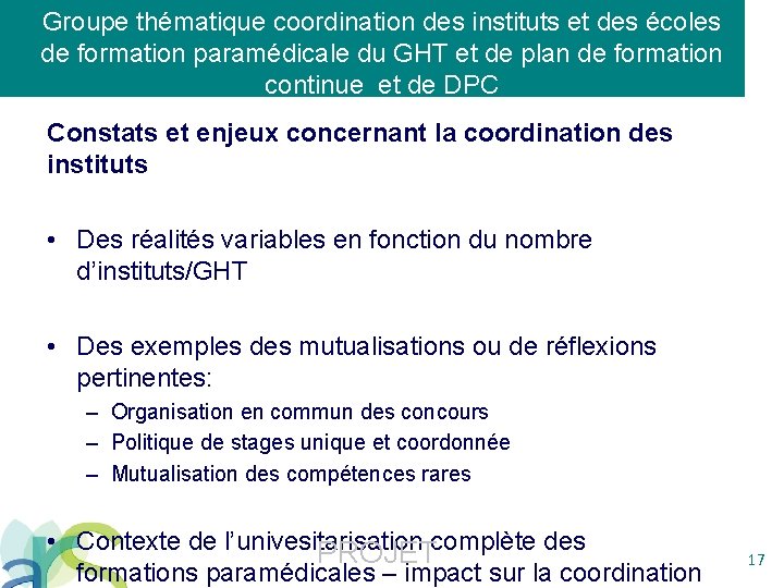 Groupe thématique coordination des instituts et des écoles de formation paramédicale du GHT et
