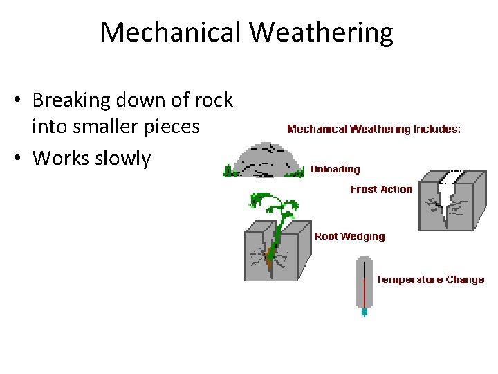 Mechanical Weathering • Breaking down of rock into smaller pieces • Works slowly 