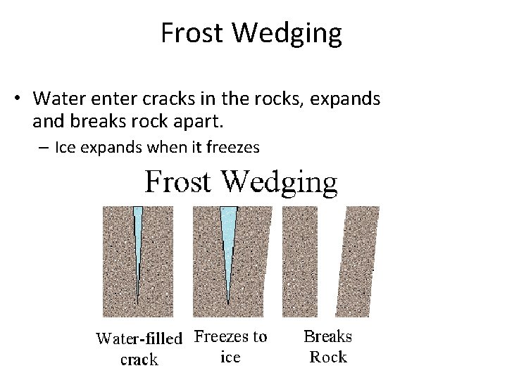 Frost Wedging • Water enter cracks in the rocks, expands and breaks rock apart.