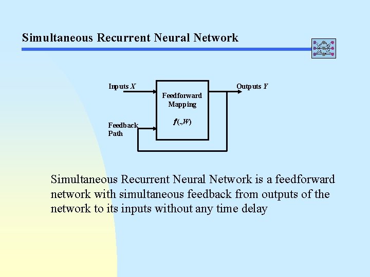 Simultaneous Recurrent Neural Network Outputs Y Inputs X Feedforward Mapping Feedback Path (. ,