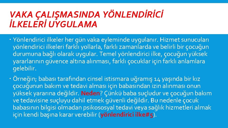 VAKA ÇALIŞMASINDA YÖNLENDİRİCİ İLKELERİ UYGULAMA Yönlendirici ilkeler her gün vaka eyleminde uygulanır. Hizmet sunucuları