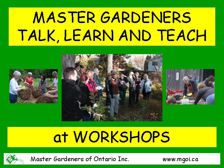 MASTER GARDENERS TALK, LEARN AND TEACH at WORKSHOPS Master Gardeners of Ontario Inc. www.