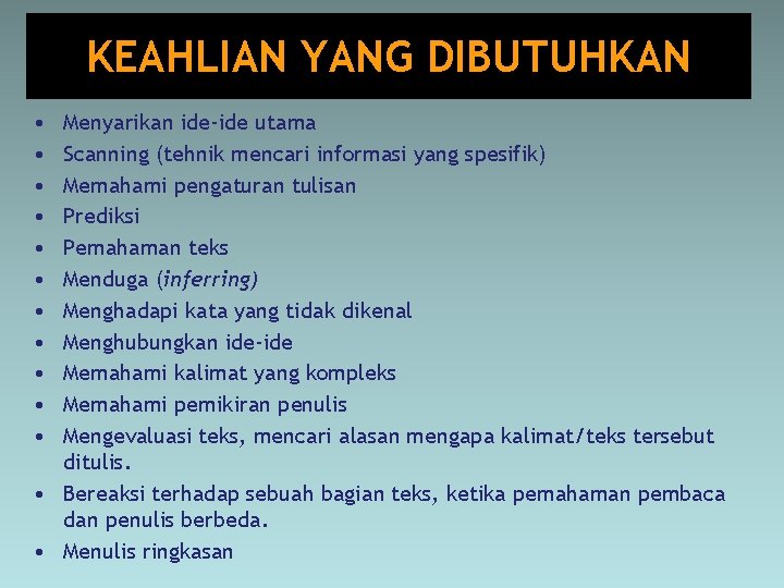 KEAHLIAN YANG DIBUTUHKAN • • • Menyarikan ide-ide utama Scanning (tehnik mencari informasi yang