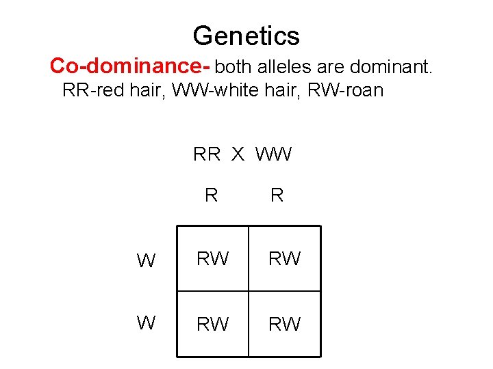 Genetics Co-dominance- both alleles are dominant. RR-red hair, WW-white hair, RW-roan RR X WW