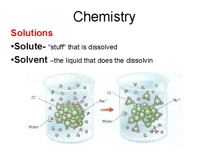 Chemistry Solutions • Solute- “stuff” that is dissolved • Solvent –the liquid that does