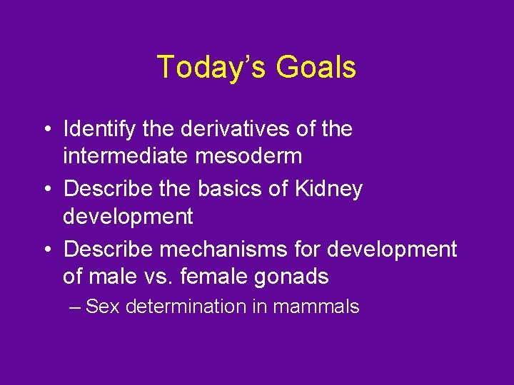 Today’s Goals • Identify the derivatives of the intermediate mesoderm • Describe the basics