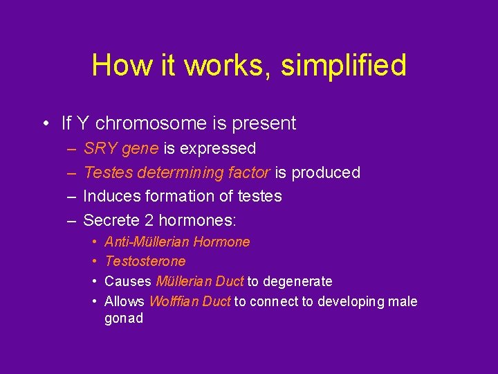 How it works, simplified • If Y chromosome is present – – SRY gene