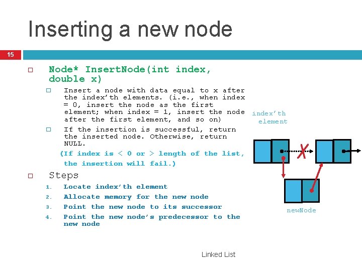 Inserting a new node 15 Node* Insert. Node(int index, double x) � � Insert