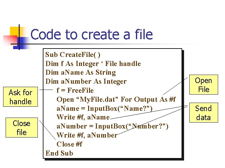 Code to create a file Ask for handle Close file Sub Create. File( )