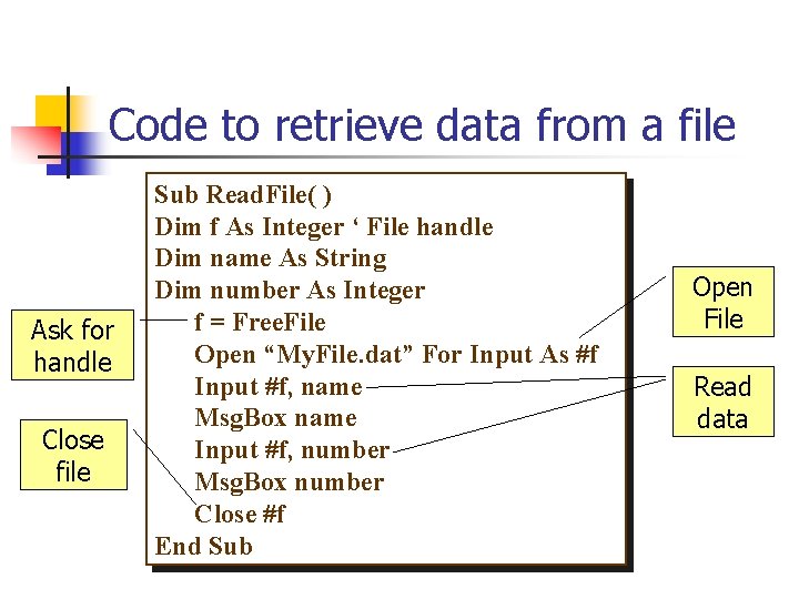 Code to retrieve data from a file Ask for handle Close file Sub Read.