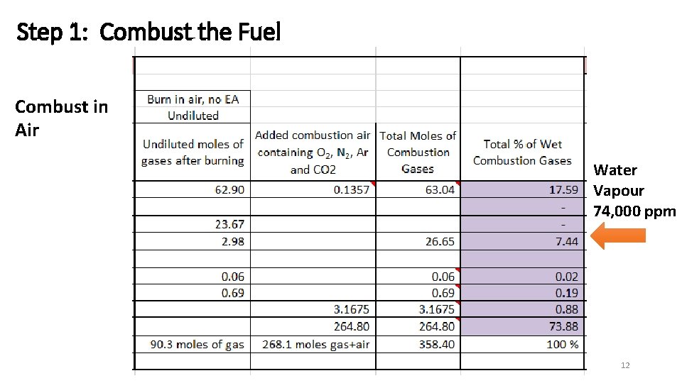 Step 1: Combust the Fuel Combust in Air Water Vapour 74, 000 ppm CMB
