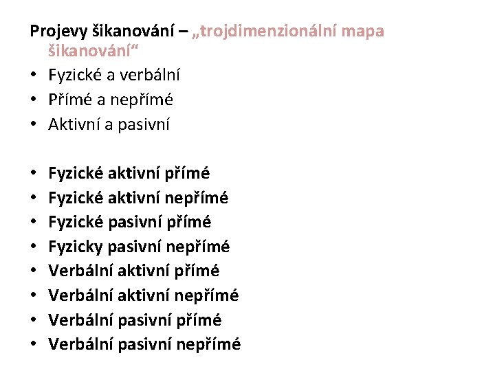 Projevy šikanování – „trojdimenzionální mapa šikanování“ • Fyzické a verbální • Přímé a nepřímé