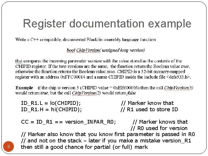 Register documentation example ID_R 1. L = lo(CHIPID); ID_R 1. H = hi(CHIPID); CC Register documentation example ID_R 1. L = lo(CHIPID); ID_R 1. H = hi(CHIPID); CC