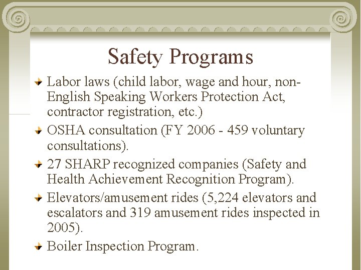 Safety Programs Labor laws (child labor, wage and hour, non. English Speaking Workers Protection