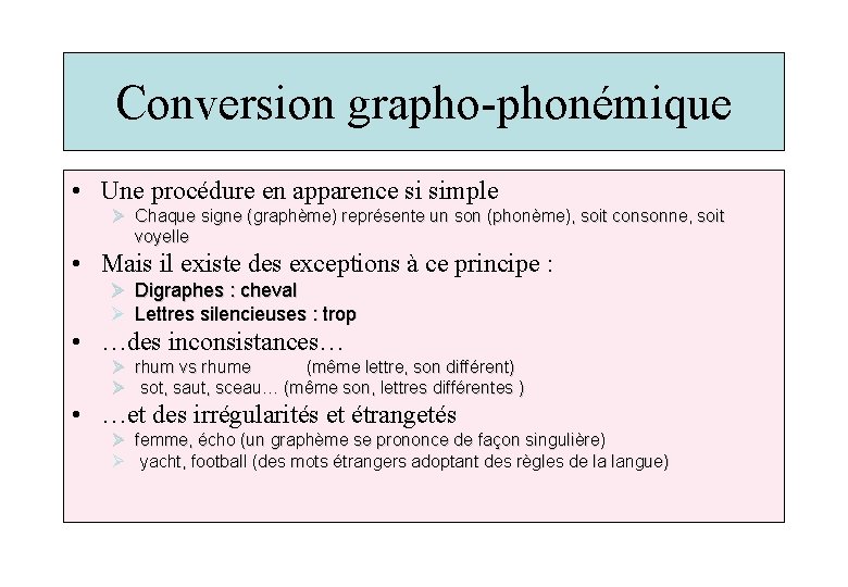 Conversion grapho-phonémique • Une procédure en apparence si simple Ø Chaque signe (graphème) représente