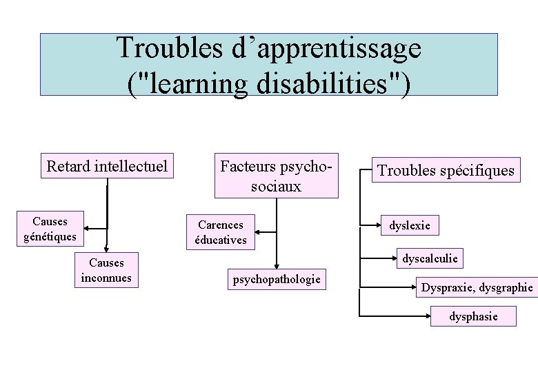 Troubles d’apprentissage ("learning disabilities") Retard intellectuel Causes génétiques Facteurs psychosociaux Carences éducatives Causes inconnues