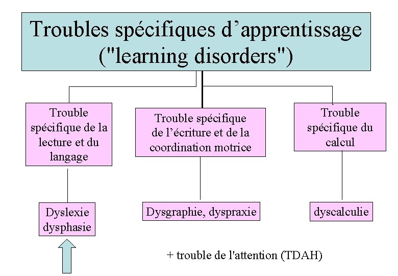 Troubles spécifiques d’apprentissage ("learning disorders") Trouble spécifique de la lecture et du langage Trouble