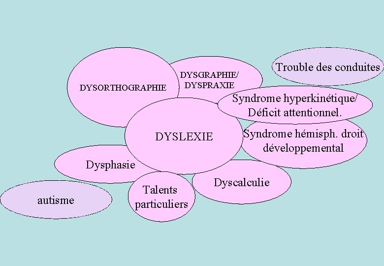 DYSORTHOGRAPHIE Trouble des conduites DYSGRAPHIE/ DYSPRAXIE DYSLEXIE Syndrome hyperkinétique/ Déficit attentionnel. Syndrome hémisph. droit