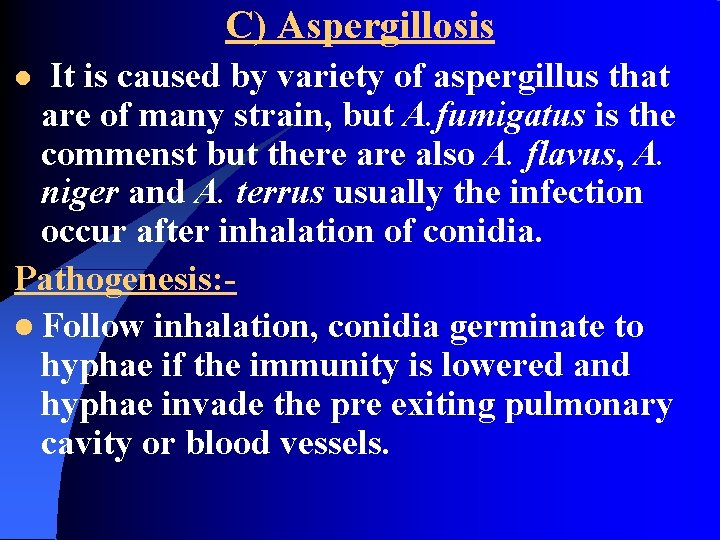 C) Aspergillosis It is caused by variety of aspergillus that are of many strain,