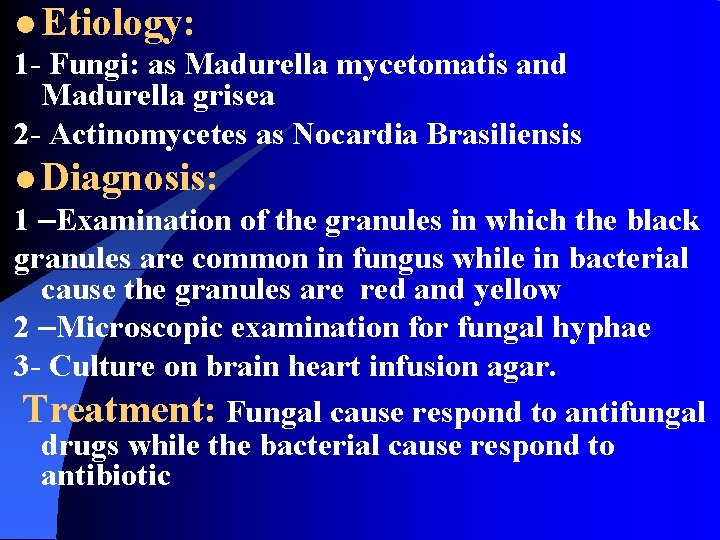 l Etiology: 1 - Fungi: as Madurella mycetomatis and Madurella grisea 2 - Actinomycetes