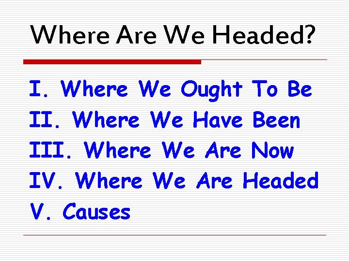 Where Are We Headed? I. Where We Ought To Be II. Where We Have