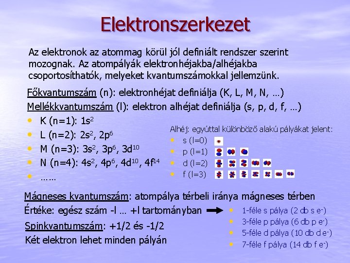 Elektronszerkezet Az elektronok az atommag körül jól definiált rendszerint mozognak. Az atompályák elektronhéjakba/alhéjakba csoportosíthatók,