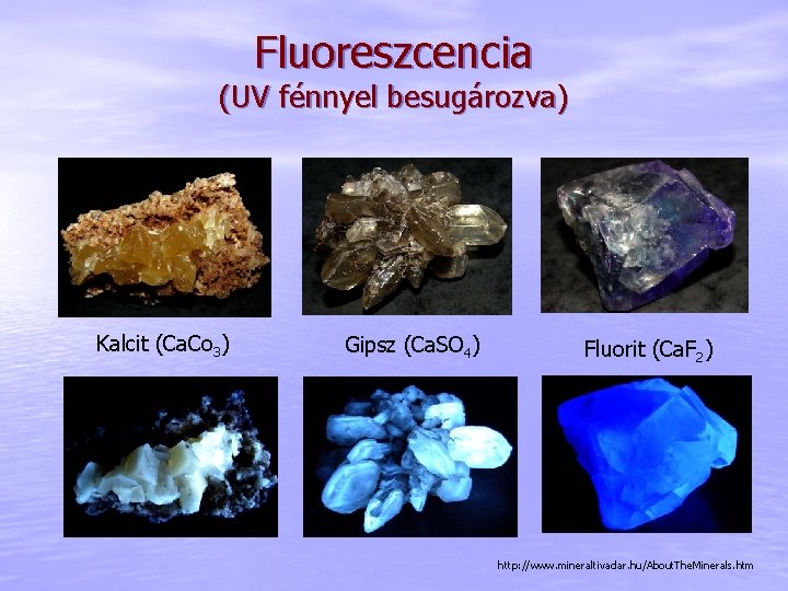 Fluoreszcencia (UV fénnyel besugározva) Kalcit (Ca. Co 3) Gipsz (Ca. SO 4) Fluorit (Ca.