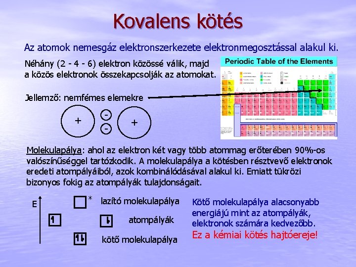 Kovalens kötés Az atomok nemesgáz elektronszerkezete elektronmegosztással alakul ki. Néhány (2 - 4 -