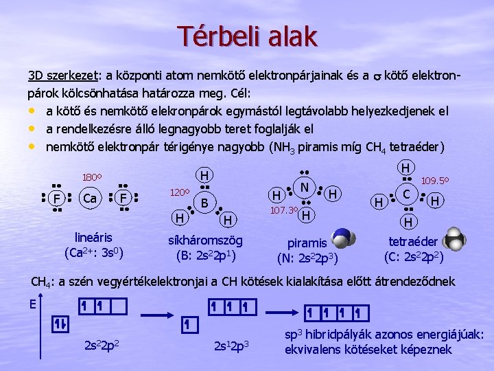 Térbeli alak 3 D szerkezet: a központi atom nemkötő elektronpárjainak és a s kötő