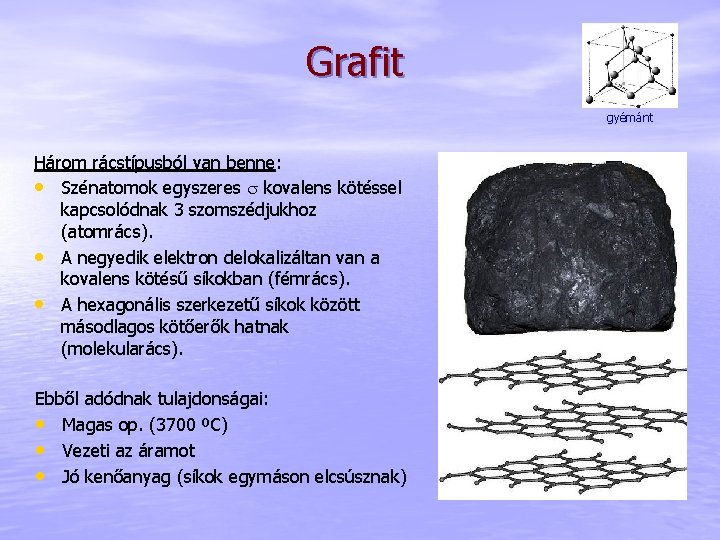 Grafit gyémánt Három rácstípusból van benne: • Szénatomok egyszeres s kovalens kötéssel kapcsolódnak 3
