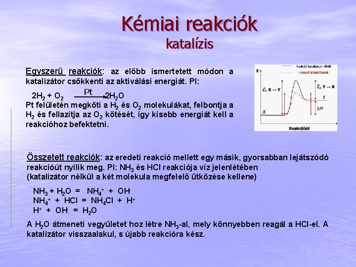 Kémiai reakciók katalízis Egyszerű reakciók: az előbb ismertetett módon a katalizátor csökkenti az aktiválási