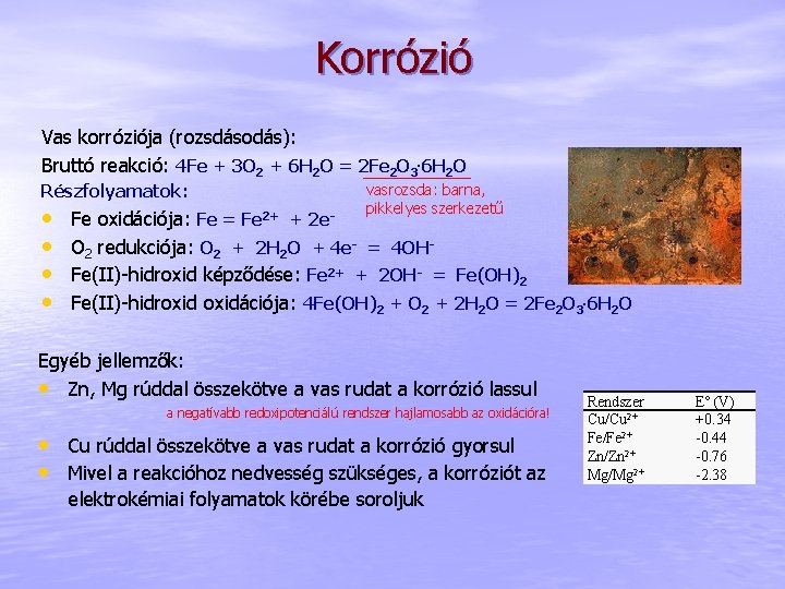 Korrózió Vas korróziója (rozsdásodás): Bruttó reakció: 4 Fe + 3 O 2 + 6