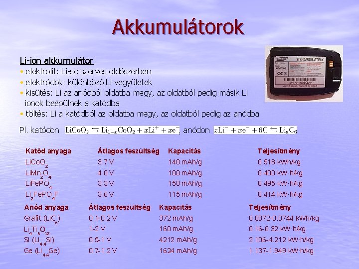 Akkumulátorok Li-ion akkumulátor: • elektrolit: Li-só szerves oldószerben • elektródok: különböző Li vegyületek •