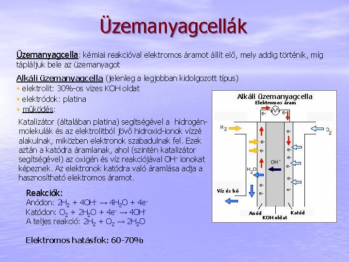 Üzemanyagcellák Üzemanyagcella: kémiai reakcióval elektromos áramot állít elő, mely addig történik, míg tápláljuk bele