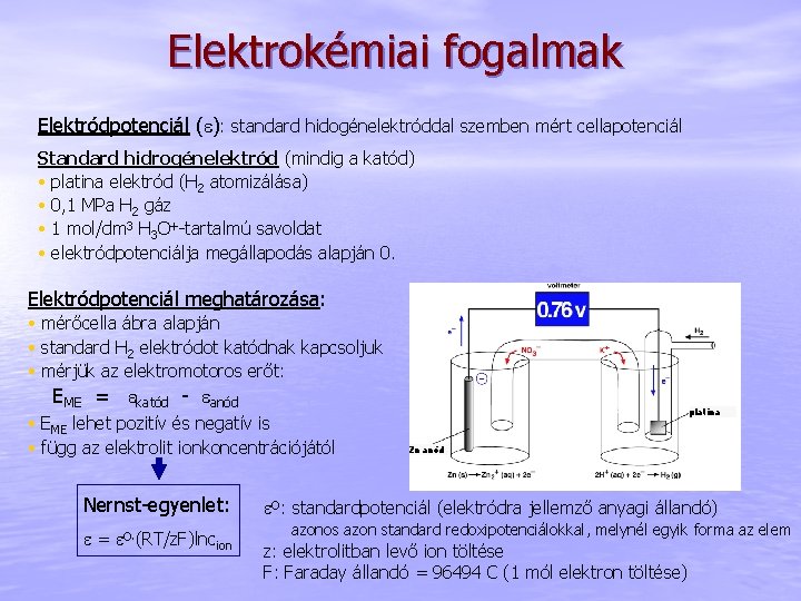 Elektrokémiai fogalmak Elektródpotenciál (e): standard hidogénelektróddal szemben mért cellapotenciál Standard hidrogénelektród (mindig a katód)