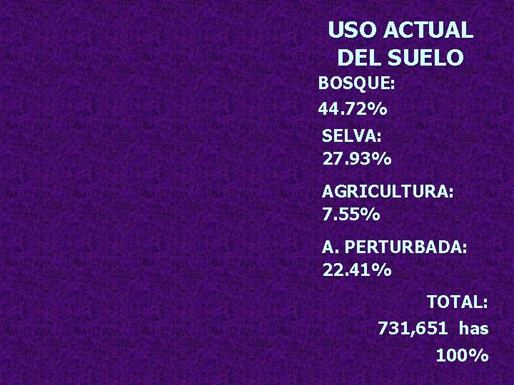USO ACTUAL DEL SUELO BOSQUE: 44. 72% SELVA: 27. 93% AGRICULTURA: 7. 55% A.