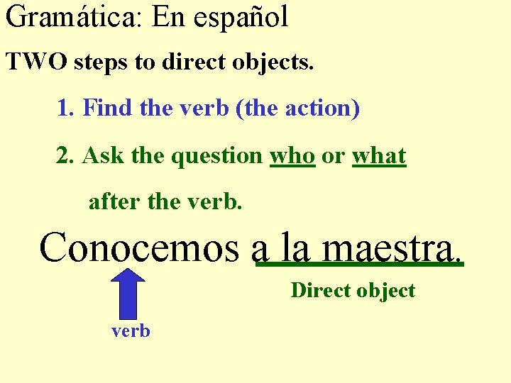 Gramática: En español TWO steps to direct objects. 1. Find the verb (the action)