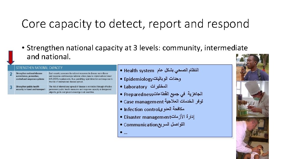 Core capacity to detect, report and respond • Strengthen national capacity at 3 levels: