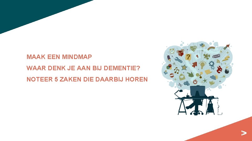 MAAK EEN MINDMAP WAAR DENK JE AAN BIJ DEMENTIE? NOTEER 5 ZAKEN DIE DAARBIJ