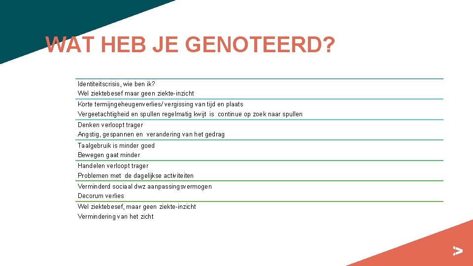 WAT HEB JE GENOTEERD? Identiteitscrisis, wie ben ik? Wel ziektebesef maar geen ziekte-inzicht Korte