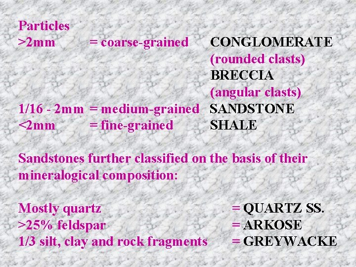 Particles >2 mm = coarse-grained CONGLOMERATE (rounded clasts) BRECCIA (angular clasts) 1/16 - 2