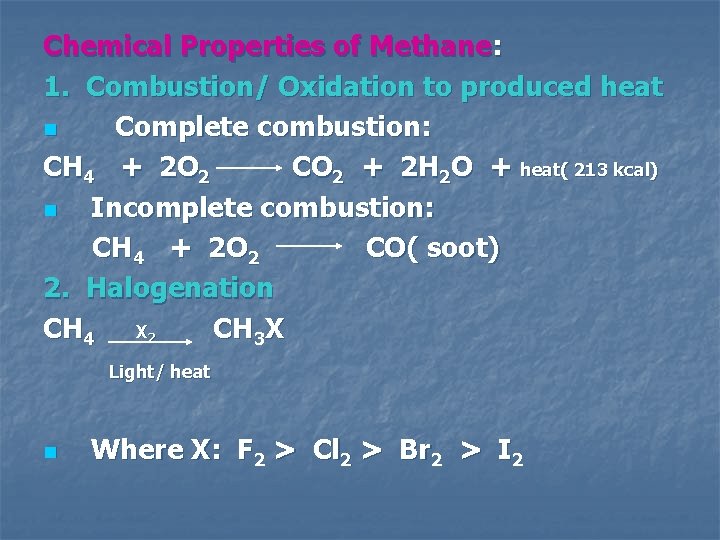 Chemical Properties of Methane: 1. Combustion/ Oxidation to produced heat n Complete combustion: CH
