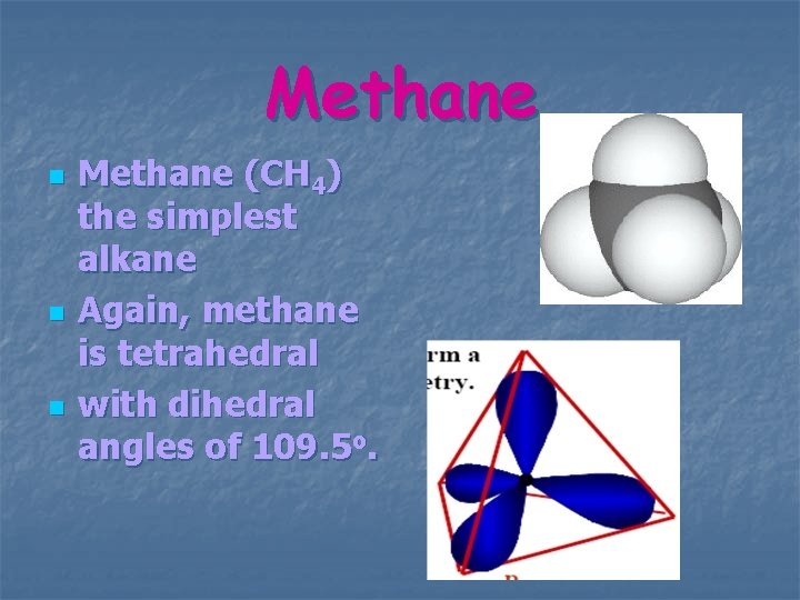 Methane n n n Methane (CH 4) the simplest alkane Again, methane is tetrahedral