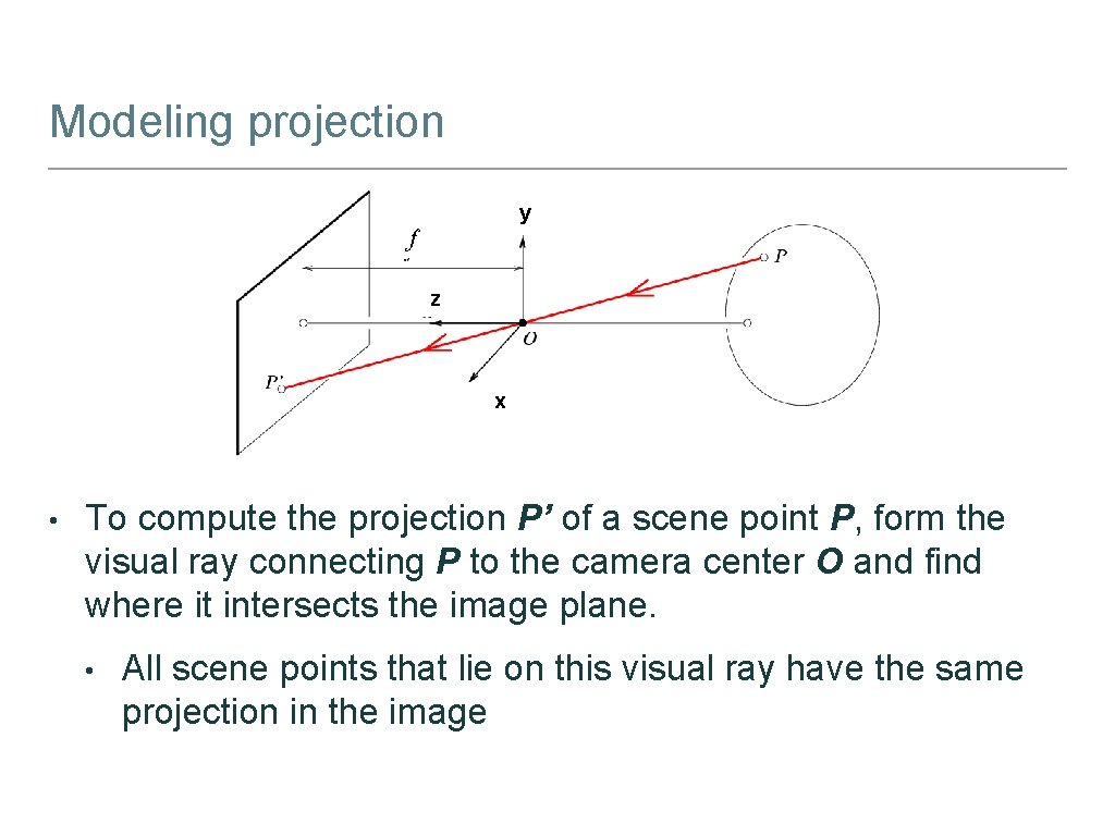 Modeling projection y f z x • To compute the projection P’ of a