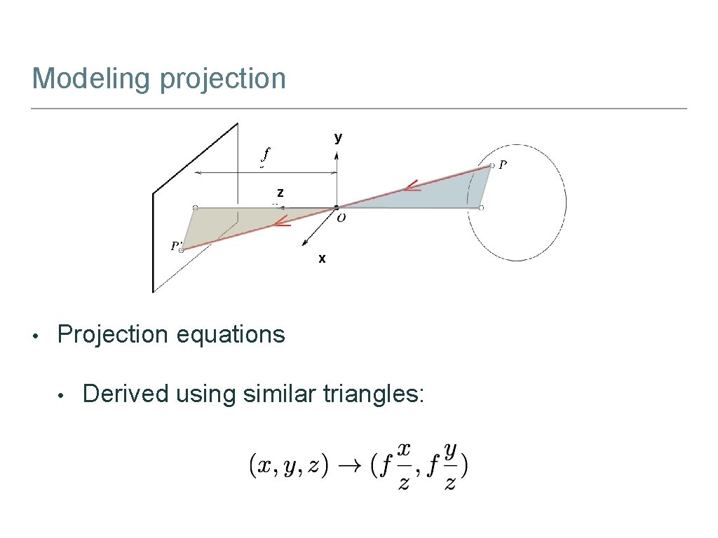 Modeling projection y f z x • Projection equations • Derived using similar triangles: